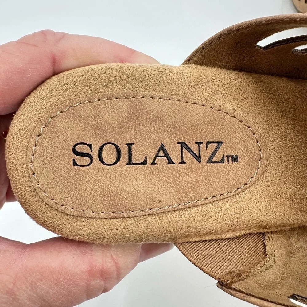 SOLANZ Paige NWOB Women’s Open Toe Tan Faux Suede Slip On Wedges Size 7.5M